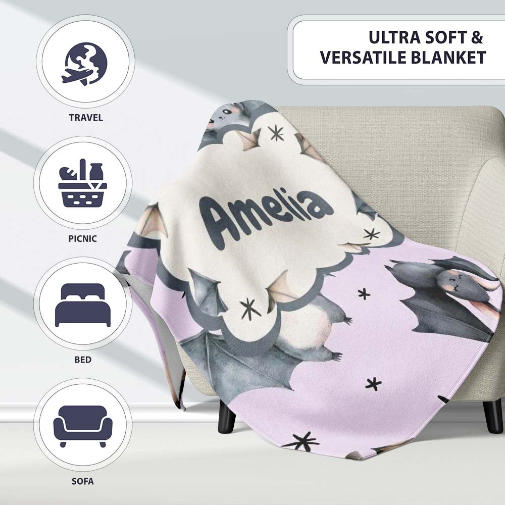Cute Baby Bats Flying with Stars Soft Lavender Background Seamless  Personalised Custom Name Super Soft Fleece Blanket Bed Sofa Throw