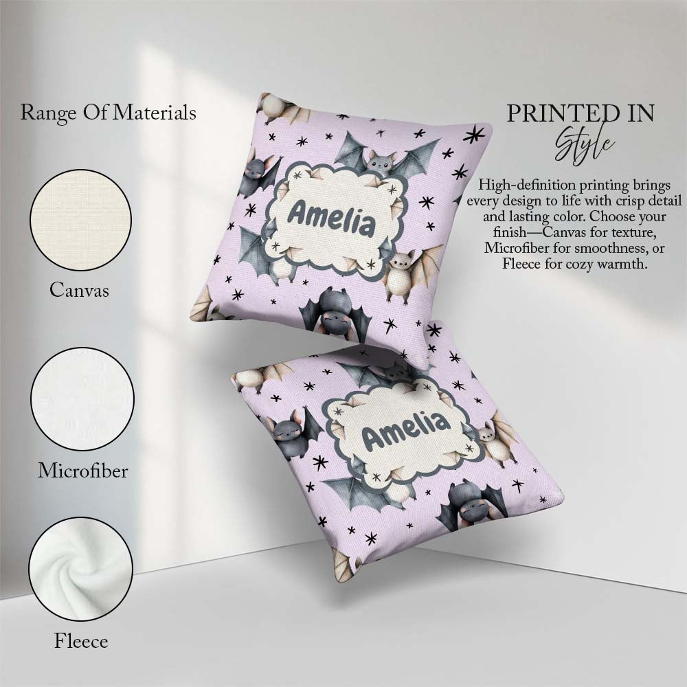 Custom Name Baby Bats Flying with Stars Soft Lavender Background Square Filled Cushion Throw Pillow Sofa Bed Home Decor Zip Washable UK Made