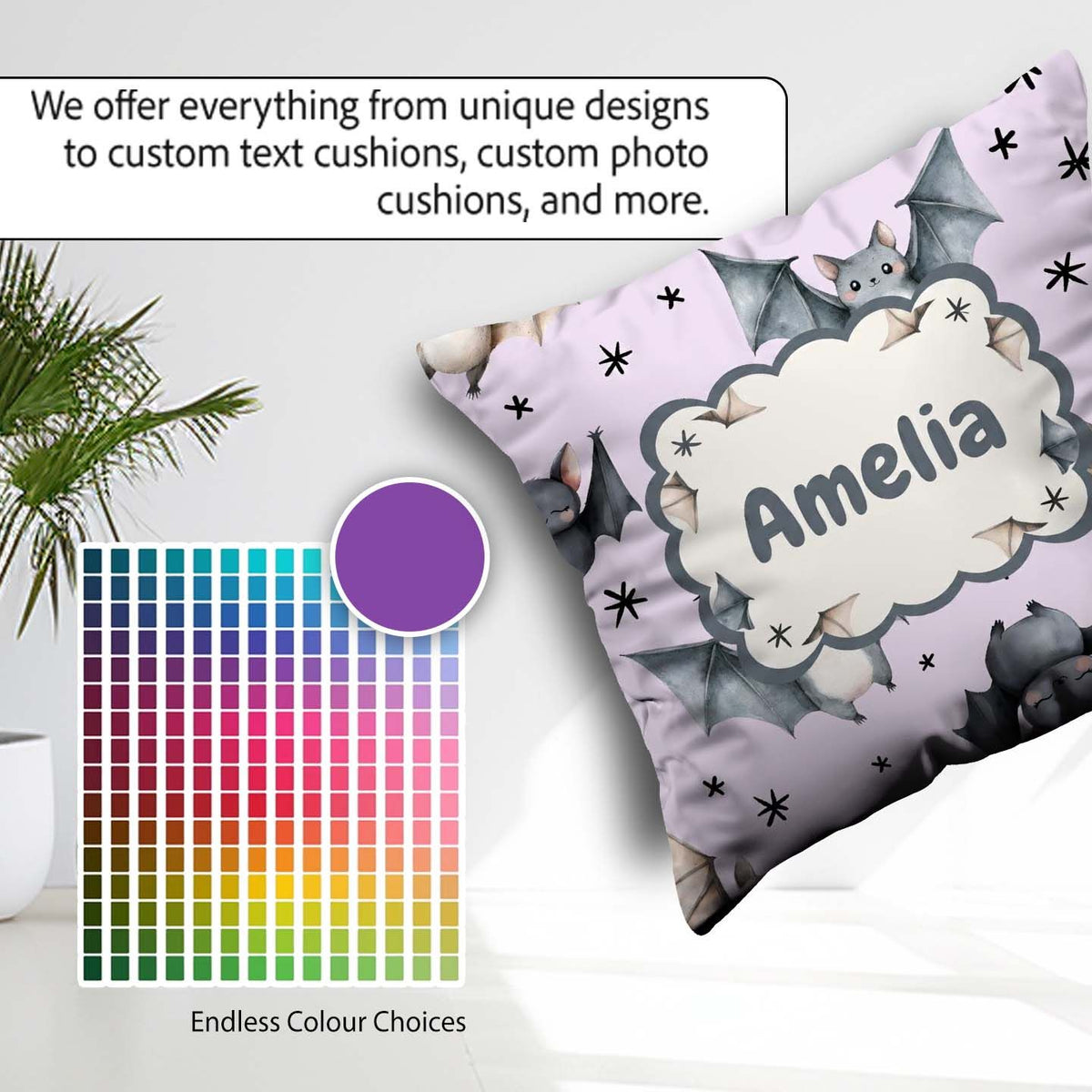 Custom Name Baby Bats Flying with Stars Soft Lavender Background Square Filled Cushion Throw Pillow Sofa Bed Home Decor Zip Washable UK Made