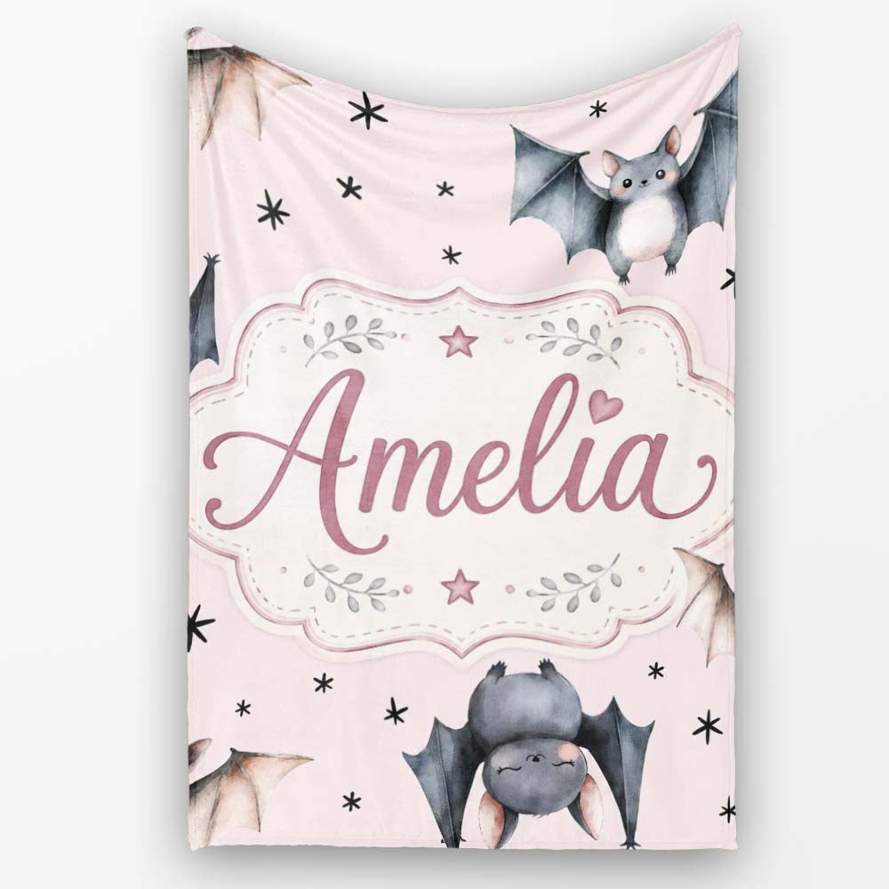 Cute Baby Bats Flying with Stars Soft Blush Pink Background  Personalised Custom Name Super Soft Fleece Blanket Bed Sofa Throw