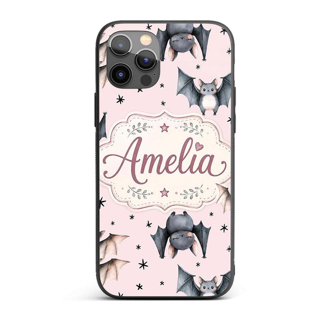 Cute Baby Bats Flying with Stars Soft Blush Pink Custom Name Protective Phone Case Mobile Cover Durable Everyday Smartphone Shock Resistant
