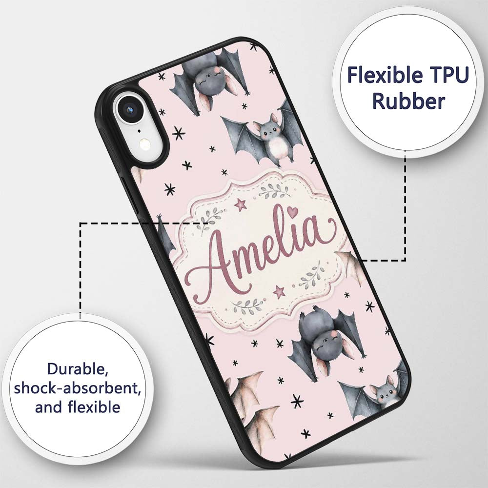 Cute Baby Bats Flying with Stars Soft Blush Pink Custom Name Protective Phone Case Mobile Cover Durable Everyday Smartphone Shock Resistant