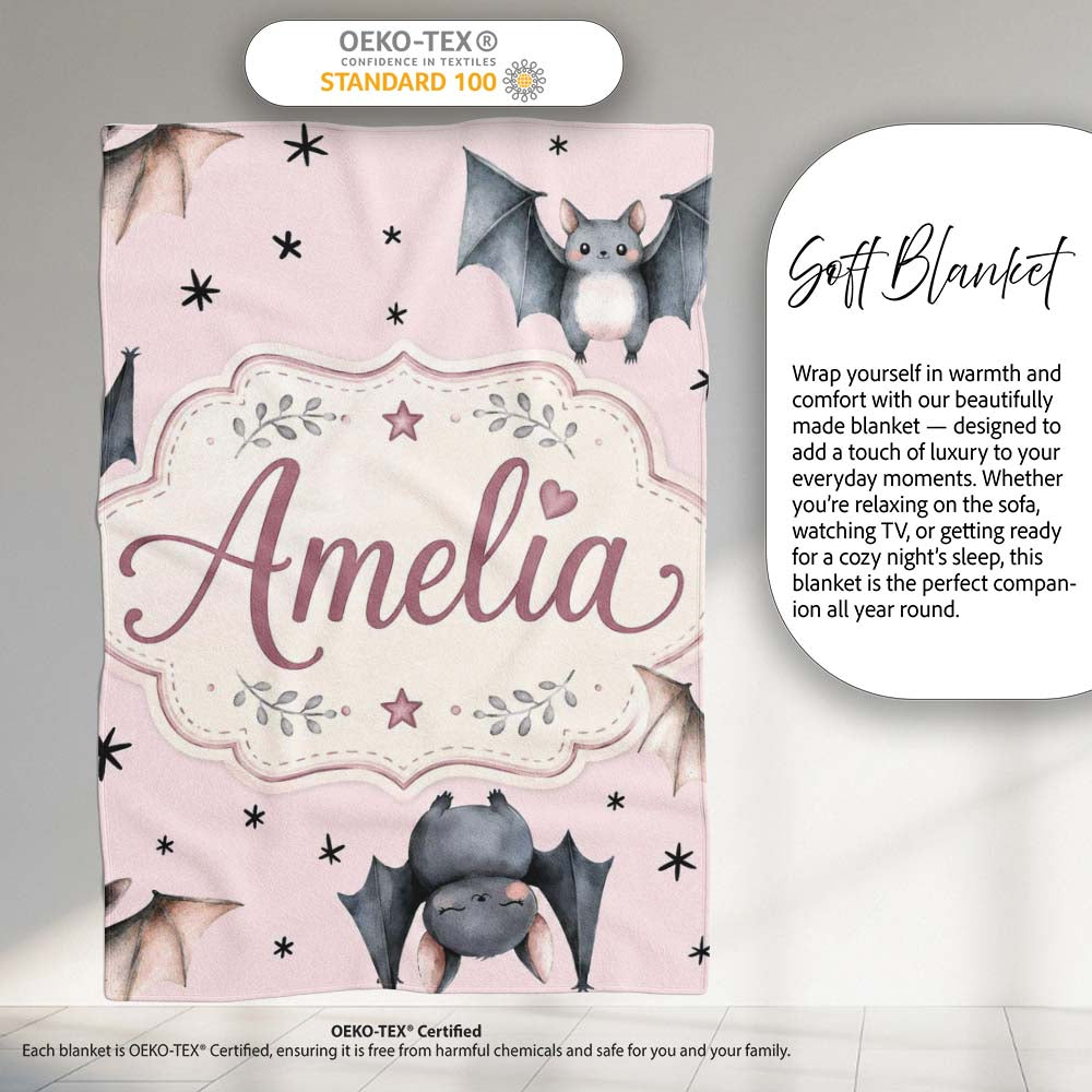 Cute Baby Bats Flying with Stars Soft Blush Pink Background  Personalised Custom Name Super Soft Fleece Blanket Bed Sofa Throw