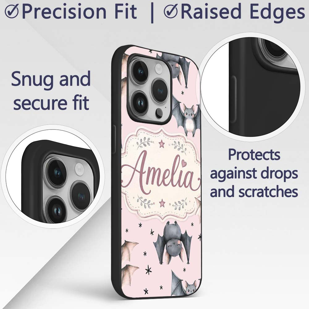 Cute Baby Bats Flying with Stars Soft Blush Pink Custom Name Protective Phone Case Mobile Cover Durable Everyday Smartphone Shock Resistant
