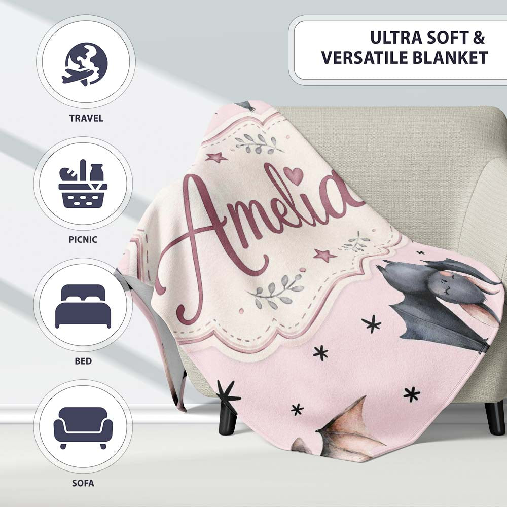 Cute Baby Bats Flying with Stars Soft Blush Pink Background  Personalised Custom Name Super Soft Fleece Blanket Bed Sofa Throw