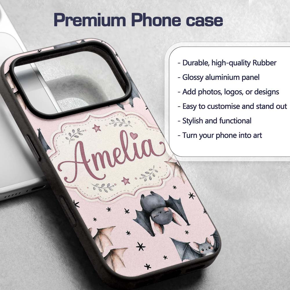 Cute Baby Bats Flying with Stars Soft Blush Pink Custom Name Protective Phone Case Mobile Cover Durable Everyday Smartphone Shock Resistant