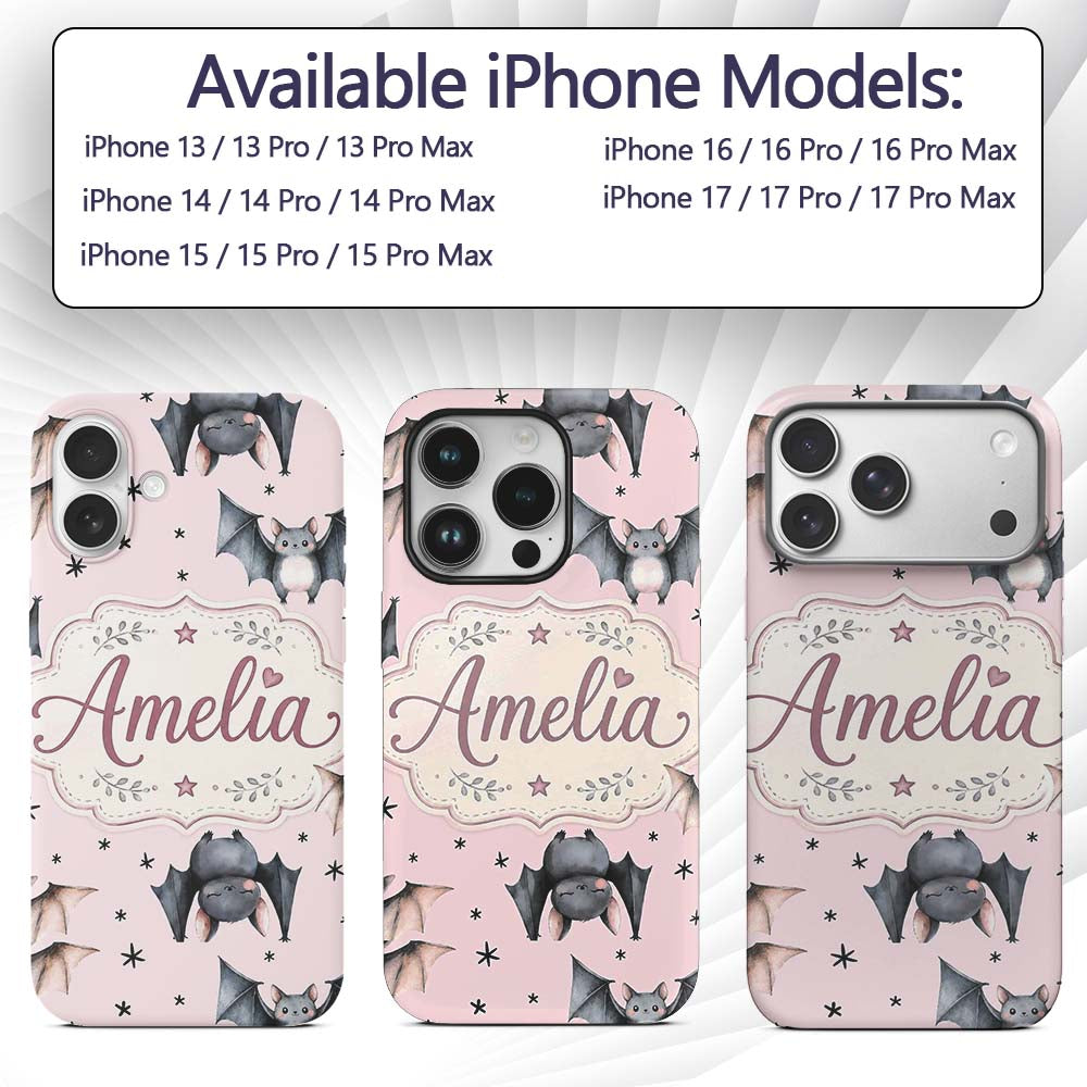 Cute Baby Bats Flying with Stars Soft Blush Pink Custom Name Protective Phone Case Mobile Cover Durable Everyday Smartphone Shock Resistant