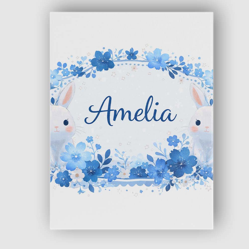 Personalised Name Cute Blue Floral Bunny Illustration Seamless Custom Modern Room Accent Canvas Wall Art Print Decor Picture Ready to Hang