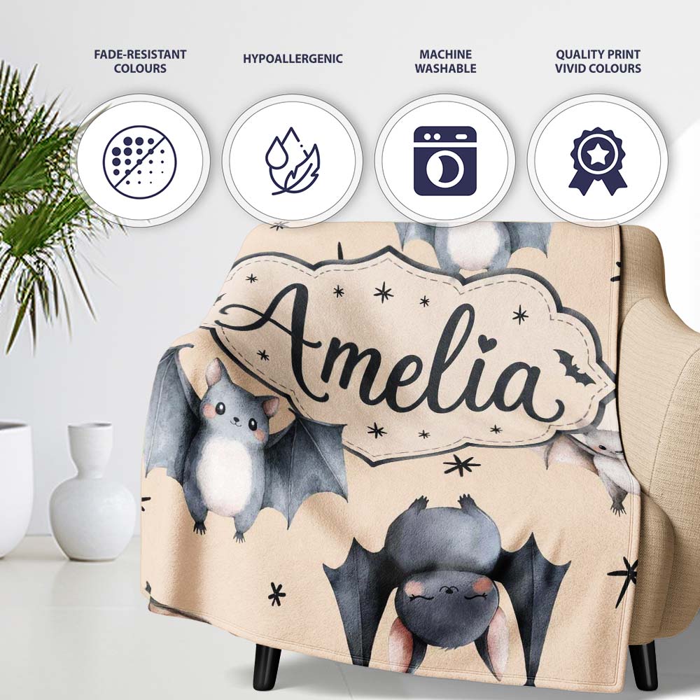 Cute Baby Bats Flying with Stars Soft Sand Background Seamless  Personalised Custom Name Super Soft Fleece Blanket Bed Sofa Throw
