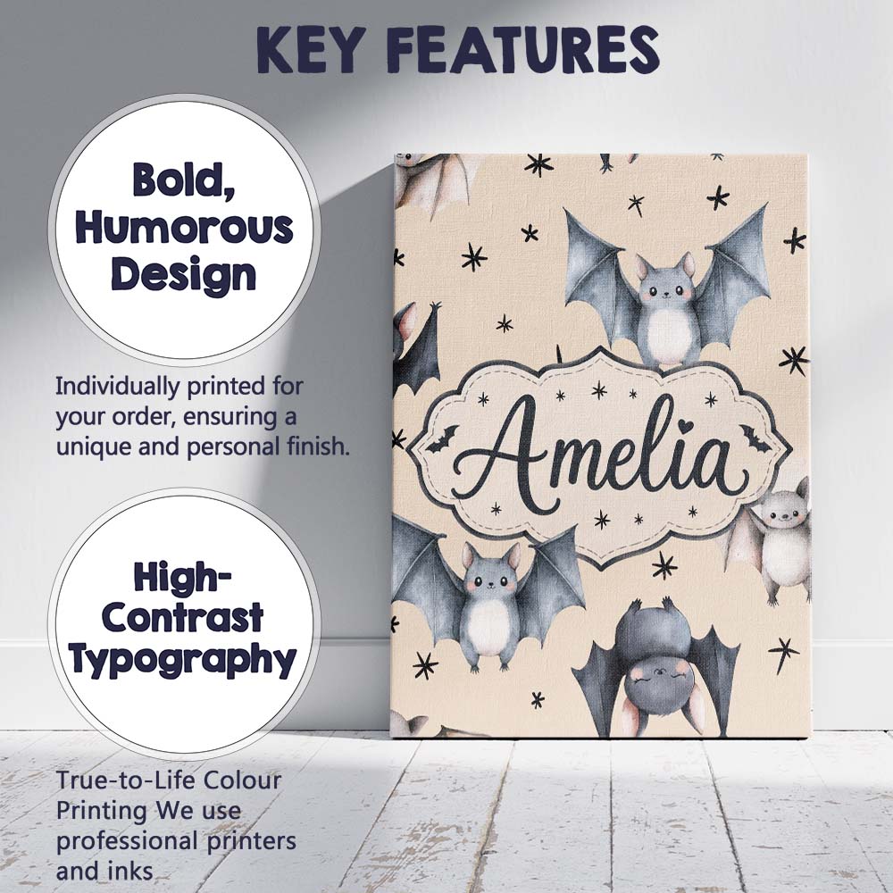 Personalised Name Cute Baby Bats Flying Custom  Modern Room Accent Elegant Feature Canvas Wall Art Print Decor Picture Ready to Hang