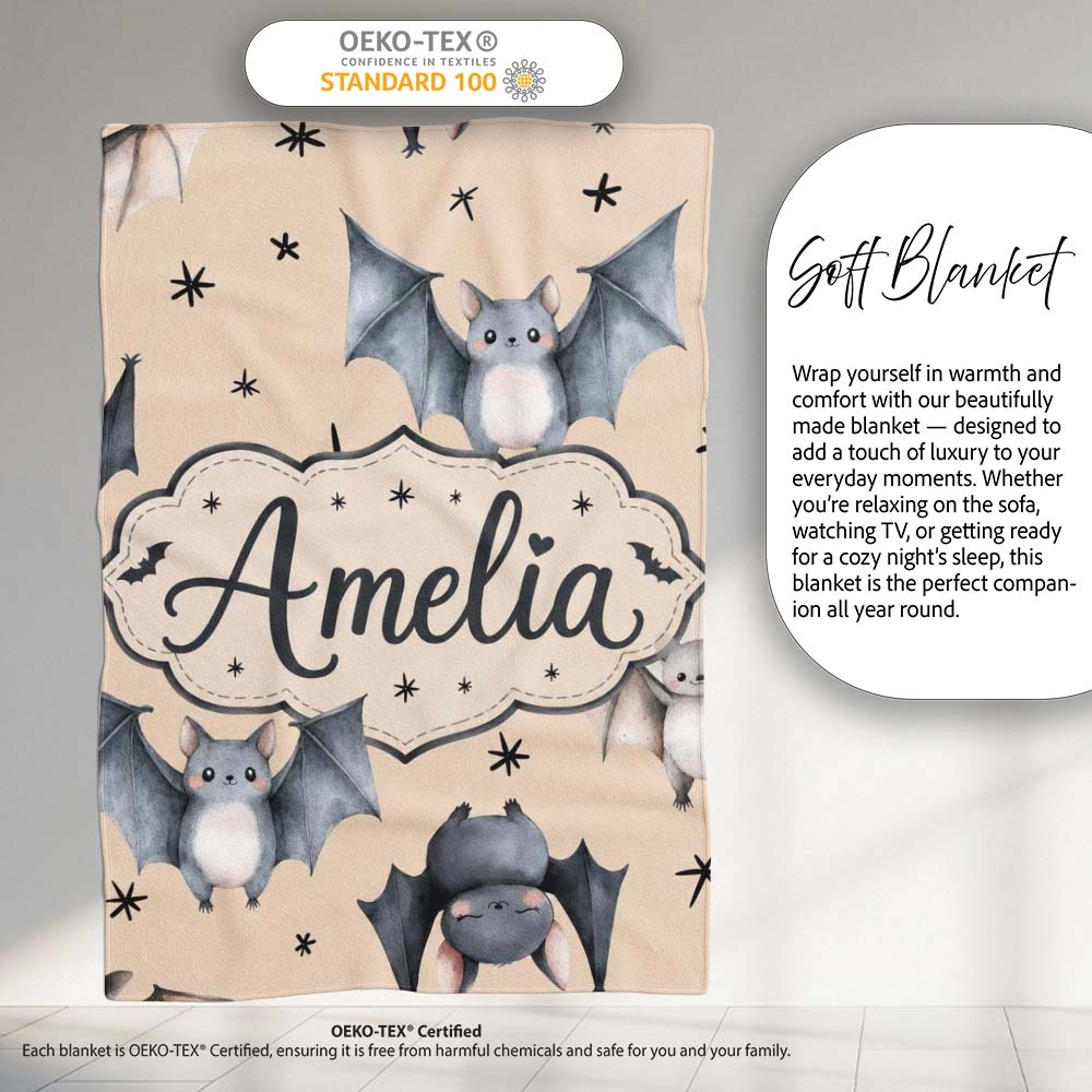 Cute Baby Bats Flying with Stars Soft Sand Background Seamless  Personalised Custom Name Super Soft Fleece Blanket Bed Sofa Throw