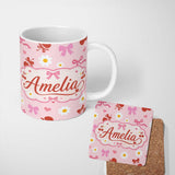 Personalized Custom Name Pastel Cherry and Ribbon Pattern with Small Flowers Pattern Soft 11oz Ceramic Coffee Tea Mug White Large Handle