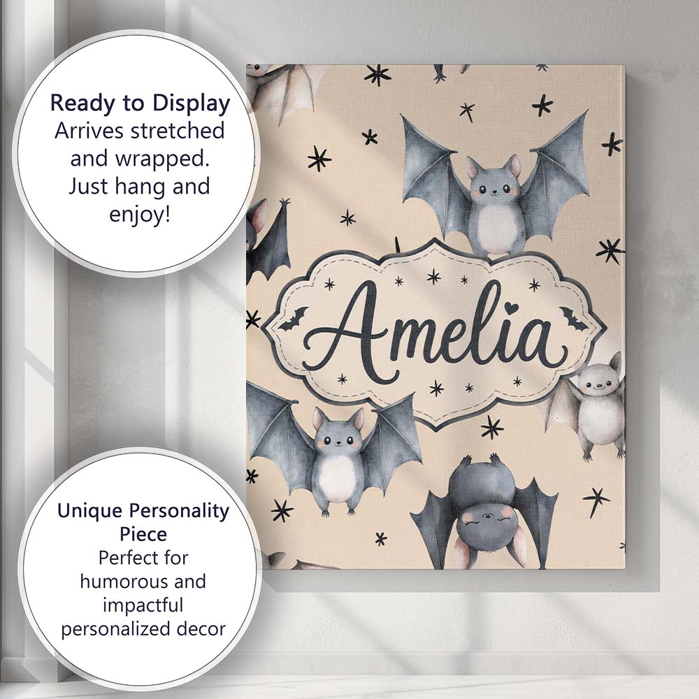 Personalised Name Cute Baby Bats Flying Custom  Modern Room Accent Elegant Feature Canvas Wall Art Print Decor Picture Ready to Hang