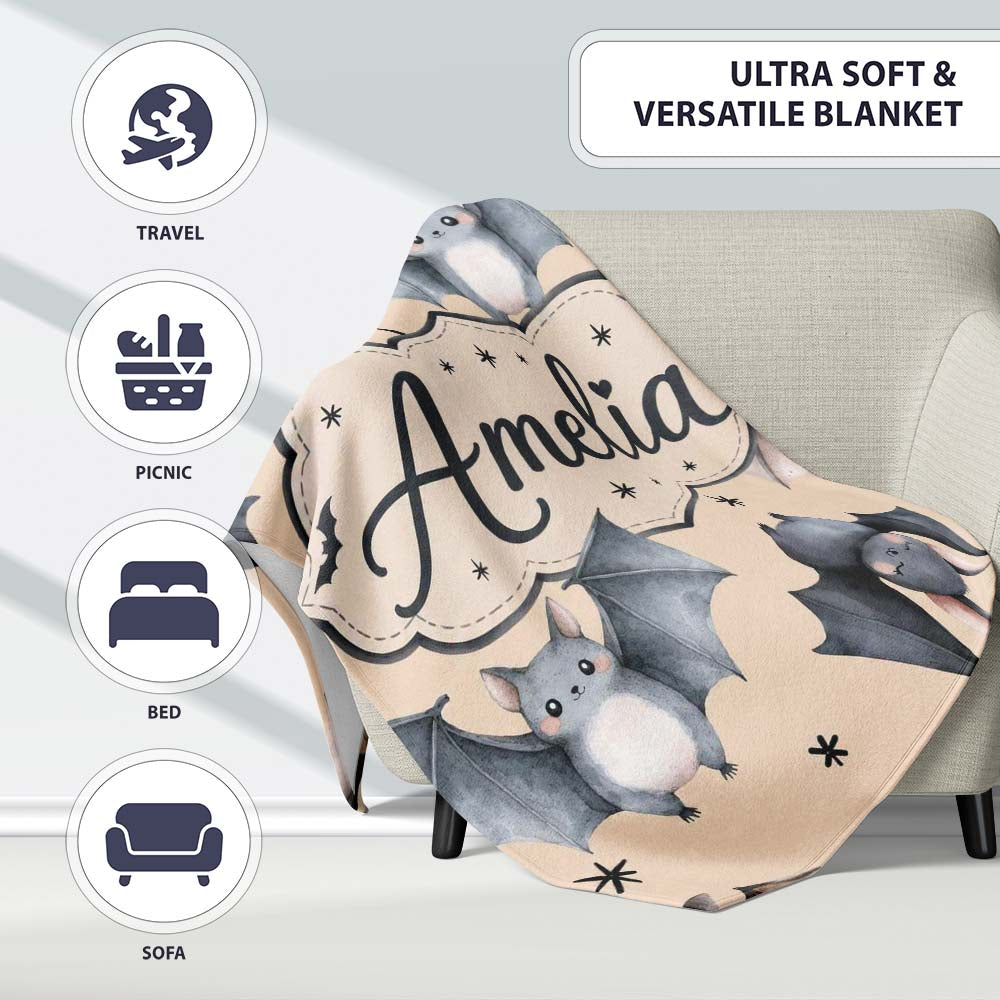 Cute Baby Bats Flying with Stars Soft Sand Background Seamless  Personalised Custom Name Super Soft Fleece Blanket Bed Sofa Throw
