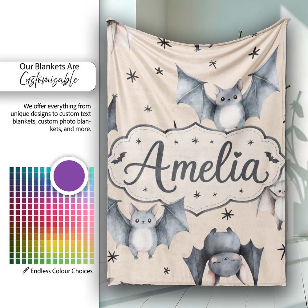 Cute Baby Bats Flying with Stars Soft Sand Background Seamless  Personalised Custom Name Super Soft Fleece Blanket Bed Sofa Throw