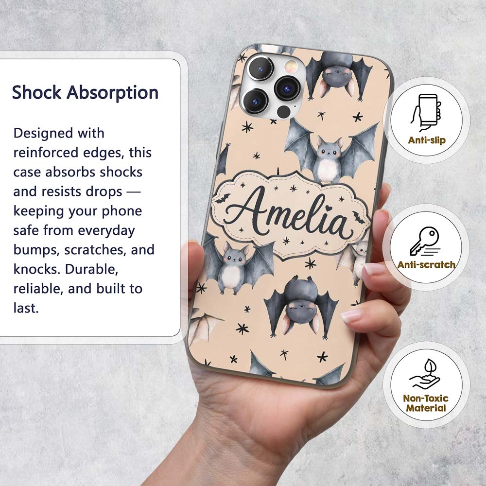 Cute Baby Bats Flying with Stars Printed Design Custom Name Protective Phone Case Mobile Cover Durable Everyday Smartphone Shock Resistant