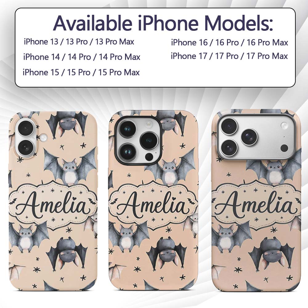 Cute Baby Bats Flying with Stars Printed Design Custom Name Protective Phone Case Mobile Cover Durable Everyday Smartphone Shock Resistant
