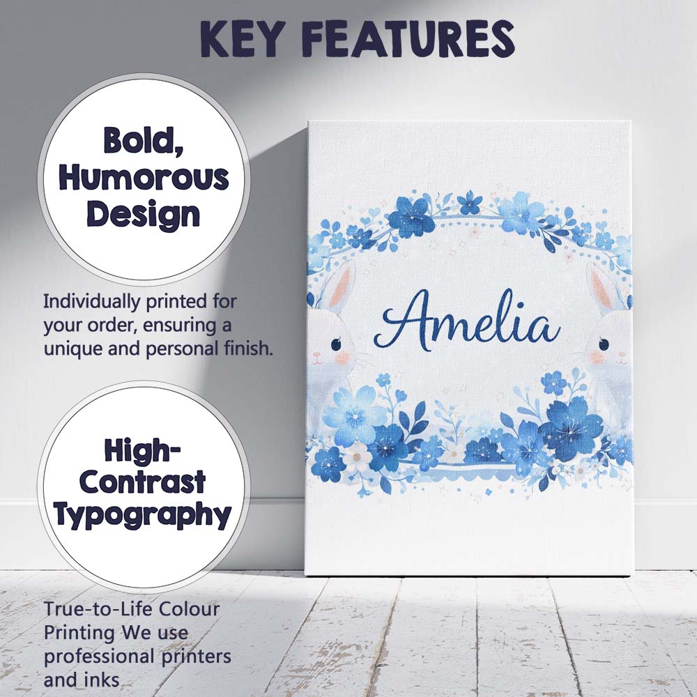 Personalised Name Cute Blue Floral Bunny Illustration Seamless Custom Modern Room Accent Canvas Wall Art Print Decor Picture Ready to Hang