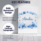 Personalised Name Cute Blue Floral Bunny Illustration Seamless Custom Modern Room Accent Canvas Wall Art Print Decor Picture Ready to Hang