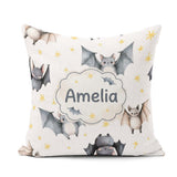 Custom Name Cute Baby Bats Flying with Stars Soft White Seamless Square Filled Cushion Throw Pillow Sofa Bed Home Decor Zip Washable UK Made