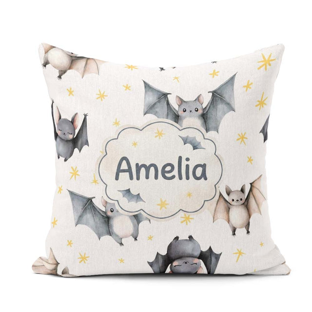Custom Name Cute Baby Bats Flying with Stars Soft White Seamless Square Filled Cushion Throw Pillow Sofa Bed Home Decor Zip Washable UK Made