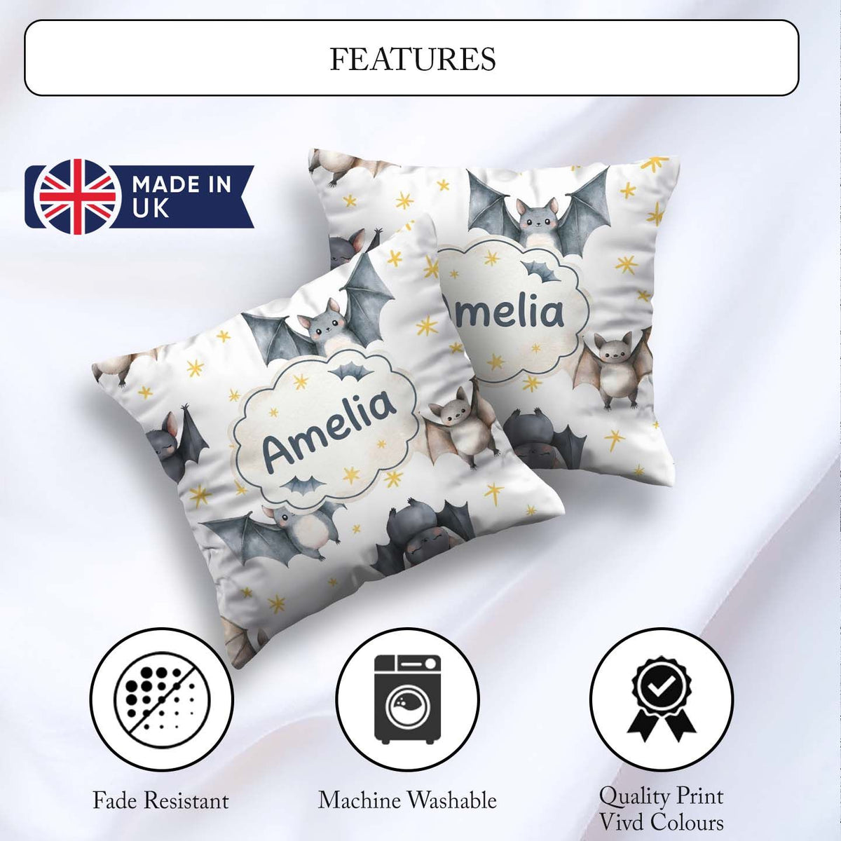 Custom Name Cute Baby Bats Flying with Stars Soft White Seamless Square Filled Cushion Throw Pillow Sofa Bed Home Decor Zip Washable UK Made