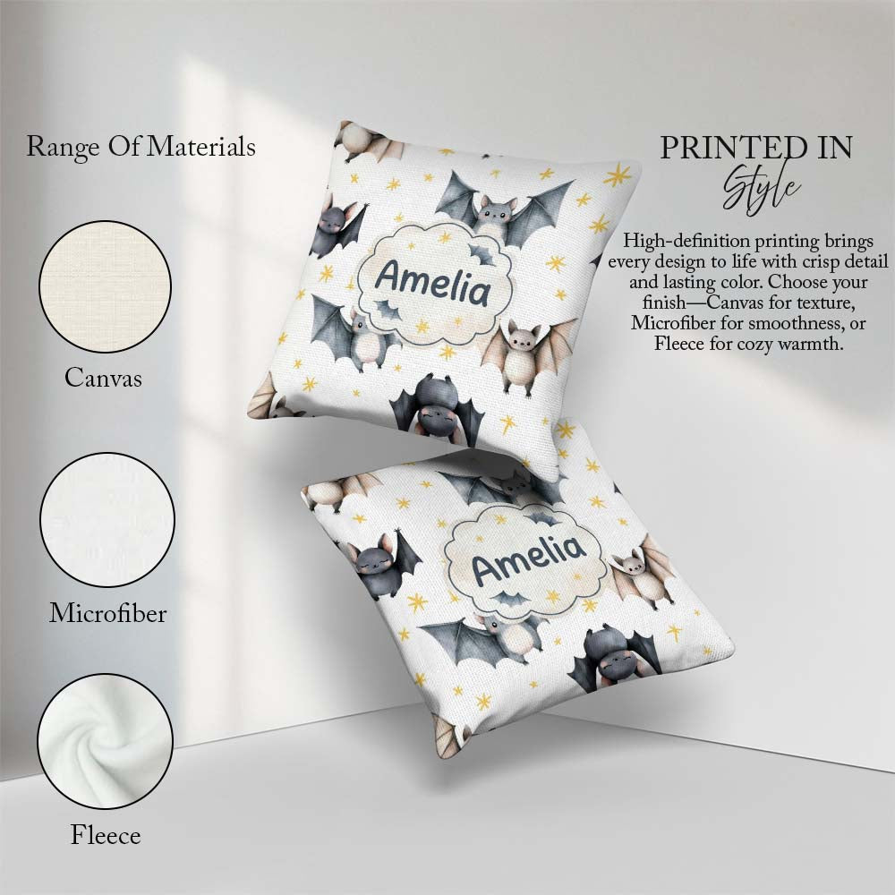 Custom Name Cute Baby Bats Flying with Stars Soft White Seamless Square Filled Cushion Throw Pillow Sofa Bed Home Decor Zip Washable UK Made