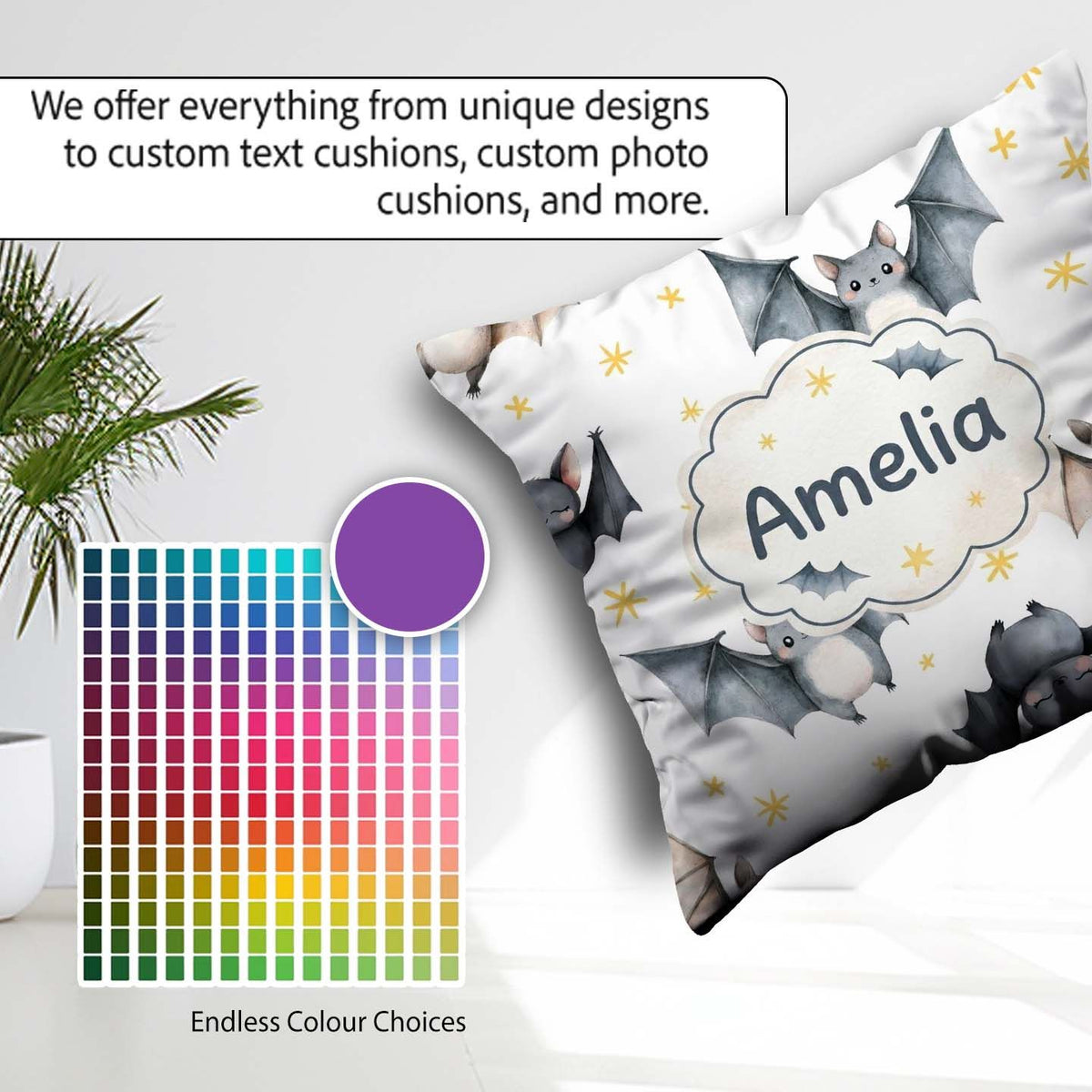 Custom Name Cute Baby Bats Flying with Stars Soft White Seamless Square Filled Cushion Throw Pillow Sofa Bed Home Decor Zip Washable UK Made