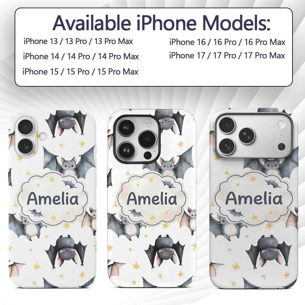 Cute Baby Bats Flying with Stars Printed Design Custom Name Protective Phone Case Mobile Cover Durable Everyday Smartphone Shock Resistant