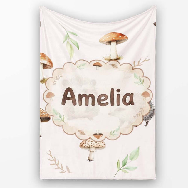 Woodland Hedgehog with Mushrooms Leaves Soft Pink Seamless Pattern  Personalised Custom Name Super Soft Fleece Blanket Bed Sofa Throw