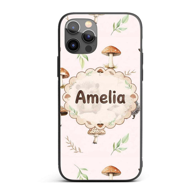 Woodland Hedgehog with Mushrooms Leaves Soft Pink Custom Name Protective Phone Case Mobile Cover Durable Everyday Smartphone Shock Resistant