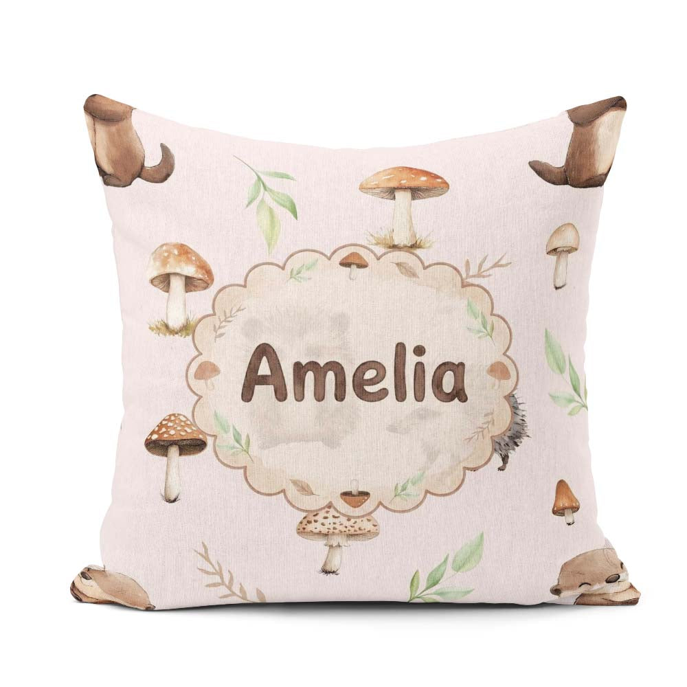 Custom Name Woodland Hedgehog with Mushrooms Leaves Soft Pattern Square Filled Cushion Throw Pillow Sofa Bed Home Decor Zip Washable UK Made