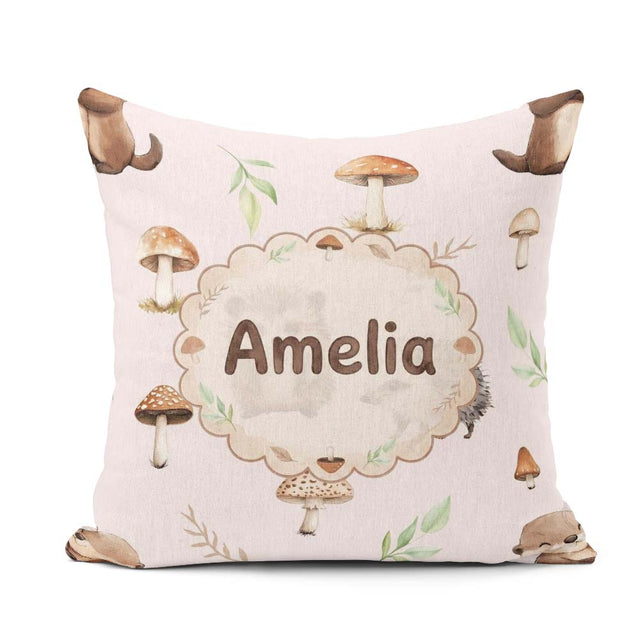 Custom Name Woodland Hedgehog with Mushrooms Leaves Soft Pattern Square Filled Cushion Throw Pillow Sofa Bed Home Decor Zip Washable UK Made