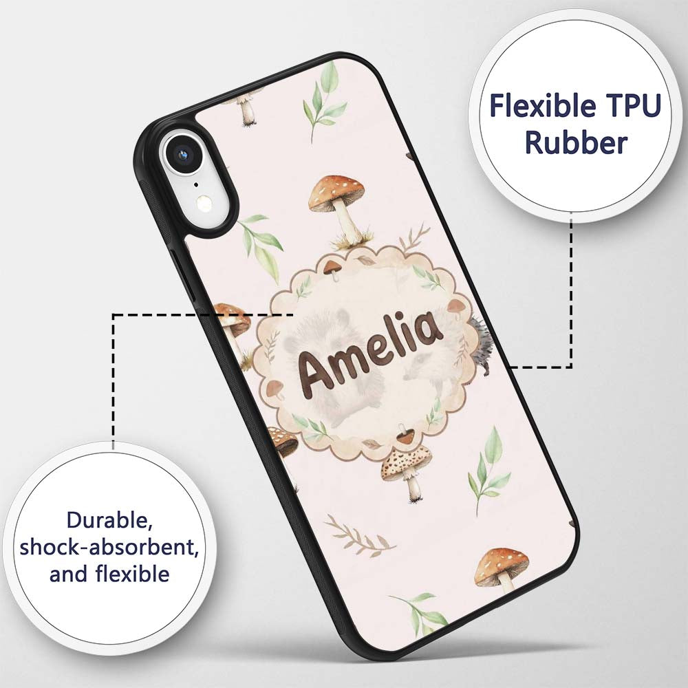 Woodland Hedgehog with Mushrooms Leaves Soft Pink Custom Name Protective Phone Case Mobile Cover Durable Everyday Smartphone Shock Resistant