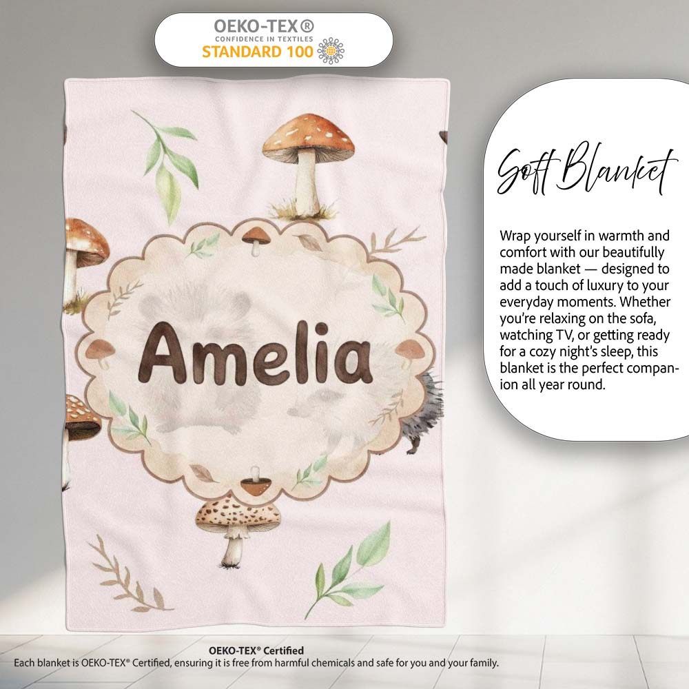 Woodland Hedgehog with Mushrooms Leaves Soft Pink Seamless Pattern  Personalised Custom Name Super Soft Fleece Blanket Bed Sofa Throw