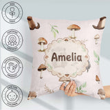 Custom Name Woodland Hedgehog with Mushrooms Leaves Soft Pattern Square Filled Cushion Throw Pillow Sofa Bed Home Decor Zip Washable UK Made