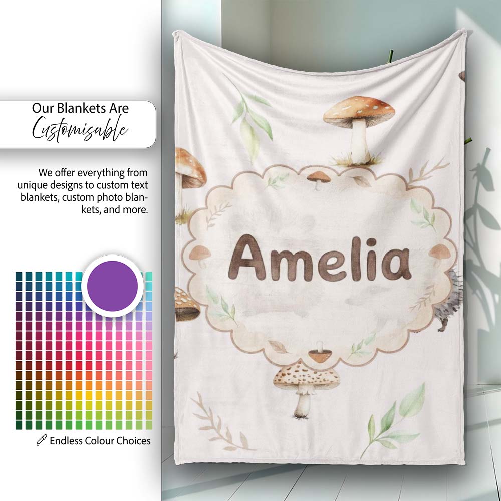 Woodland Hedgehog with Mushrooms Leaves Soft Pink Seamless Pattern  Personalised Custom Name Super Soft Fleece Blanket Bed Sofa Throw