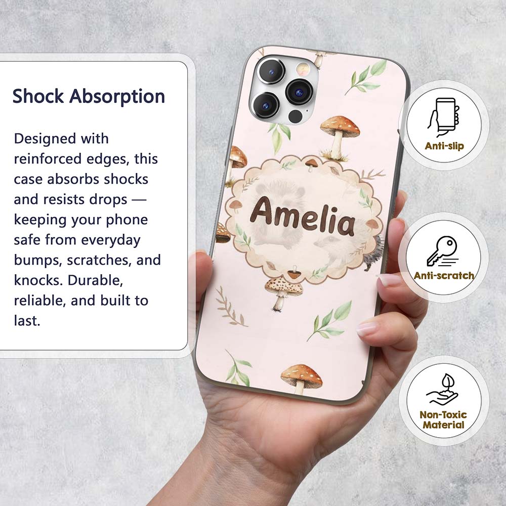 Woodland Hedgehog with Mushrooms Leaves Soft Pink Custom Name Protective Phone Case Mobile Cover Durable Everyday Smartphone Shock Resistant