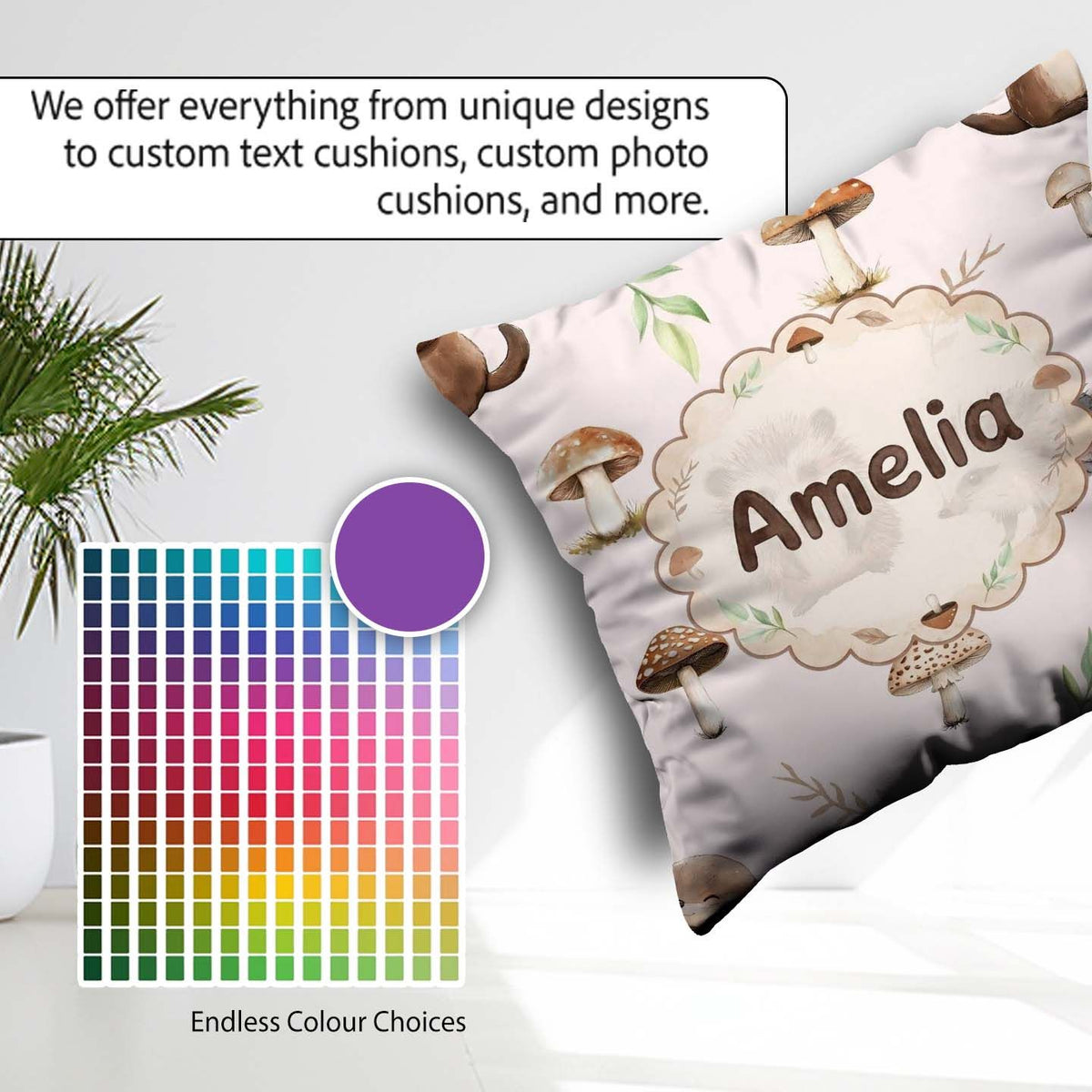 Custom Name Woodland Hedgehog with Mushrooms Leaves Soft Pattern Square Filled Cushion Throw Pillow Sofa Bed Home Decor Zip Washable UK Made