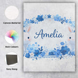 Personalised Name Cute Blue Floral Bunny Illustration Seamless Custom Modern Room Accent Canvas Wall Art Print Decor Picture Ready to Hang