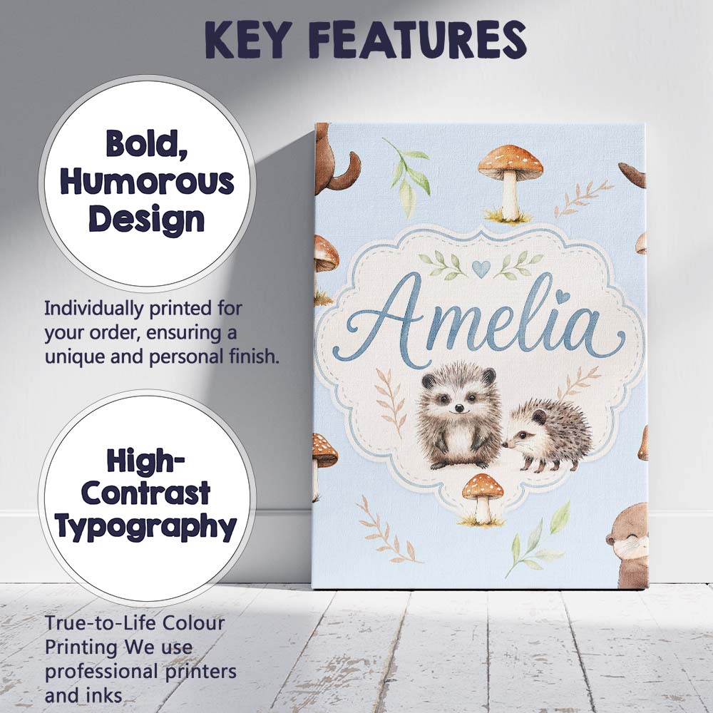 Personalised Name Woodland Hedgehogs with Custom  Unique Gift Idea Elegant Feature Canvas Wall Art Print Decor Picture Ready to Hang