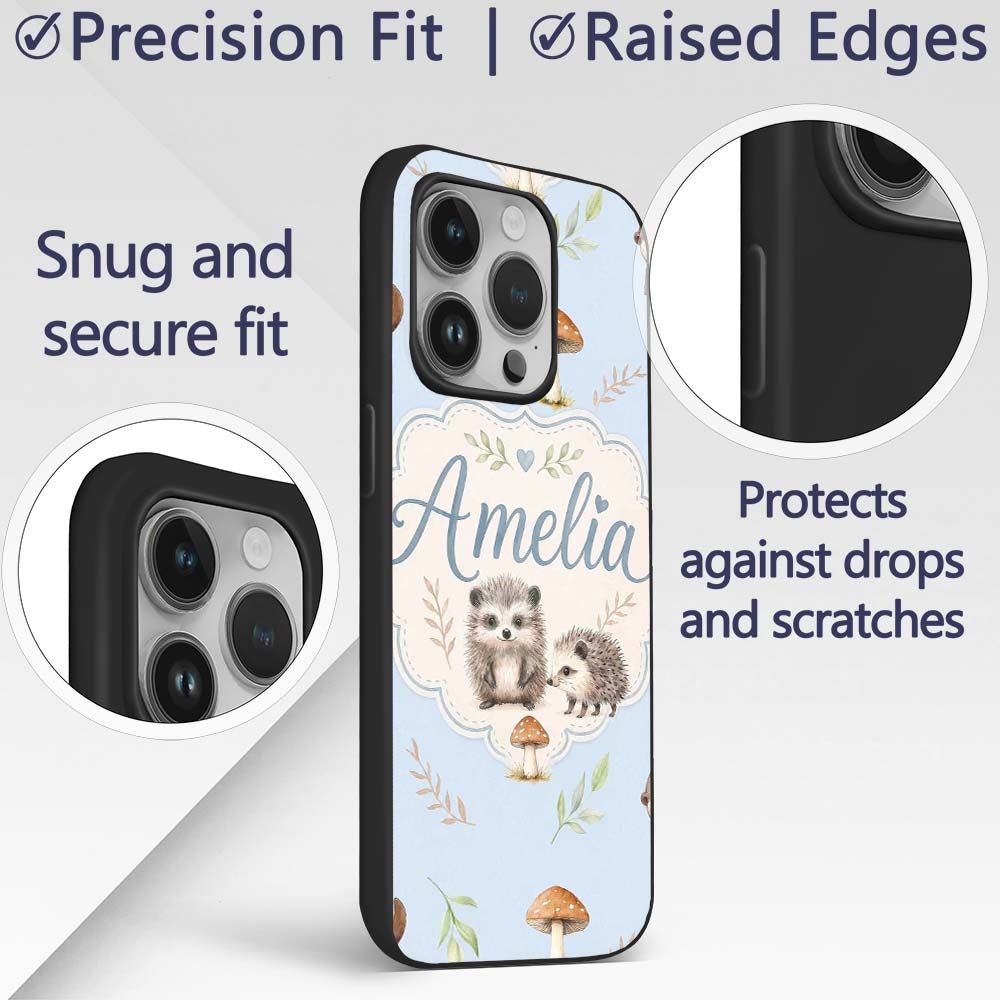 Woodland Hedgehogs with Mushrooms Leaves Soft Custom Name Protective Phone Case Mobile Cover Durable Everyday Smartphone Shock Resistant