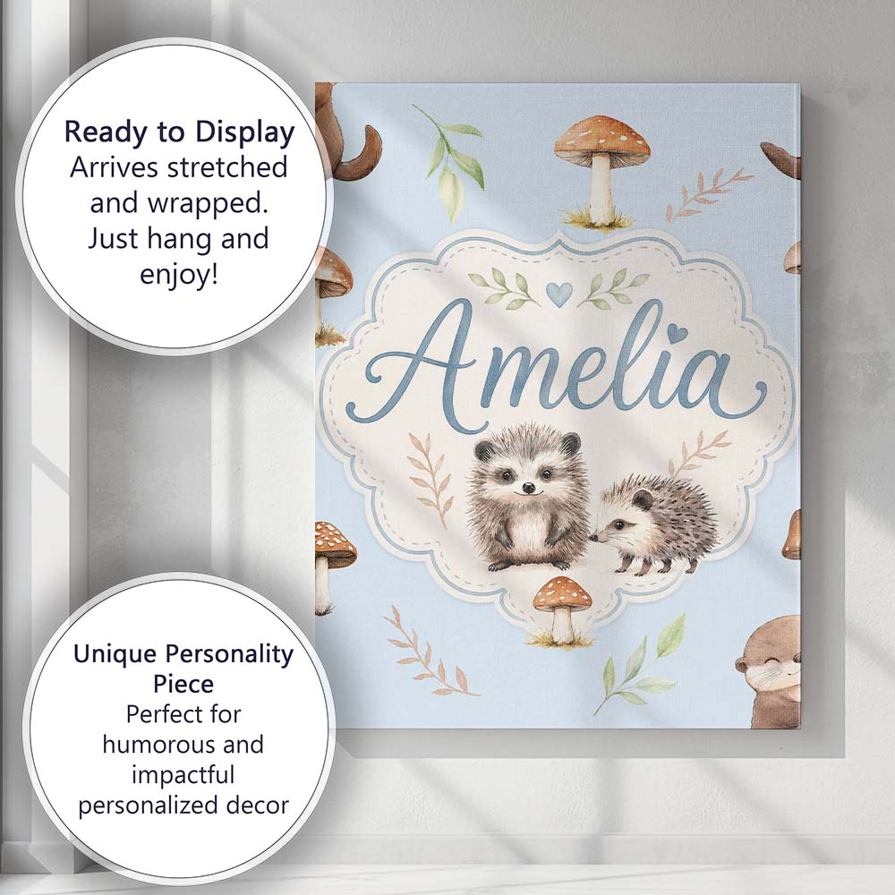 Personalised Name Woodland Hedgehogs with Custom  Unique Gift Idea Elegant Feature Canvas Wall Art Print Decor Picture Ready to Hang