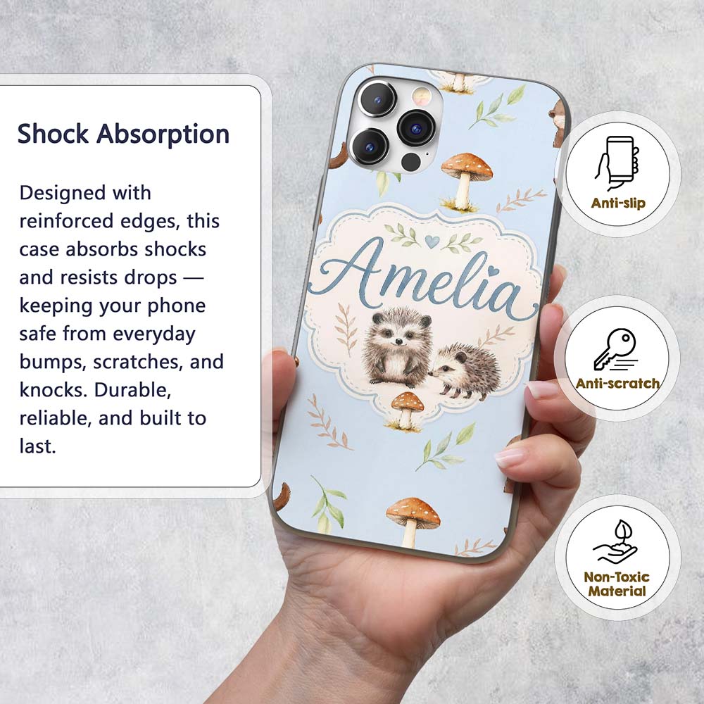 Woodland Hedgehogs with Mushrooms Leaves Soft Custom Name Protective Phone Case Mobile Cover Durable Everyday Smartphone Shock Resistant