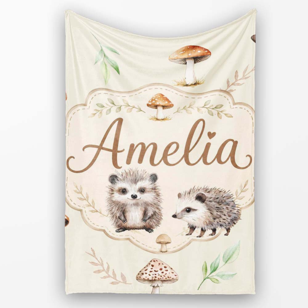 Woodland Hedgehogs with Mushrooms Leaves Soft Beige Seamless  Personalised Custom Name Super Soft Fleece Blanket Bed Sofa Throw