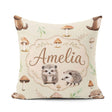 Custom Name Woodland Hedgehogs with Mushrooms Leaves Soft Beige Square Filled Cushion Throw Pillow Sofa Bed Home Decor Zip Washable UK Made