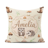 Custom Name Woodland Hedgehogs with Mushrooms Leaves Soft Beige Square Filled Cushion Throw Pillow Sofa Bed Home Decor Zip Washable UK Made