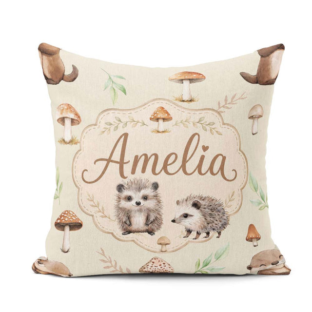 Custom Name Woodland Hedgehogs with Mushrooms Leaves Soft Beige Square Filled Cushion Throw Pillow Sofa Bed Home Decor Zip Washable UK Made