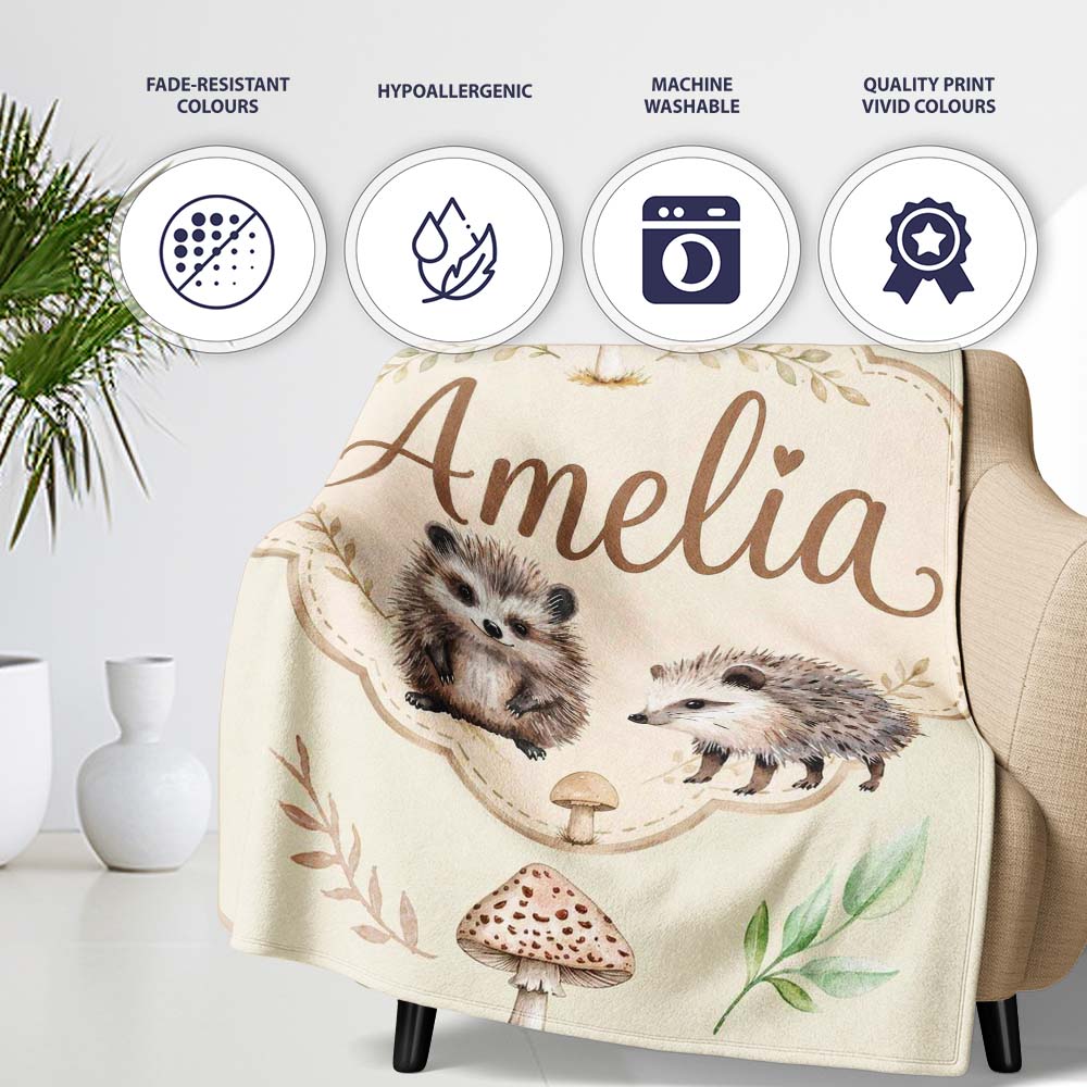 Woodland Hedgehogs with Mushrooms Leaves Soft Beige Seamless  Personalised Custom Name Super Soft Fleece Blanket Bed Sofa Throw