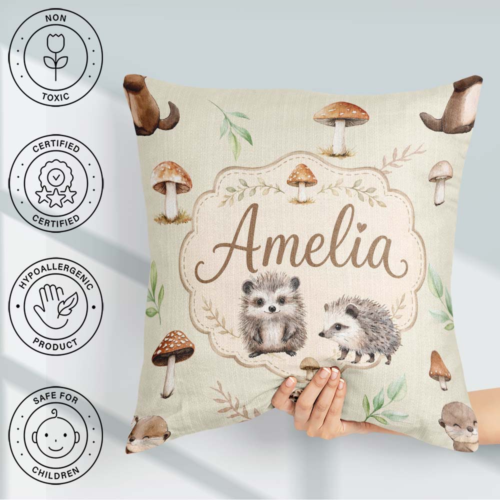 Custom Name Woodland Hedgehogs with Mushrooms Leaves Soft Beige Square Filled Cushion Throw Pillow Sofa Bed Home Decor Zip Washable UK Made